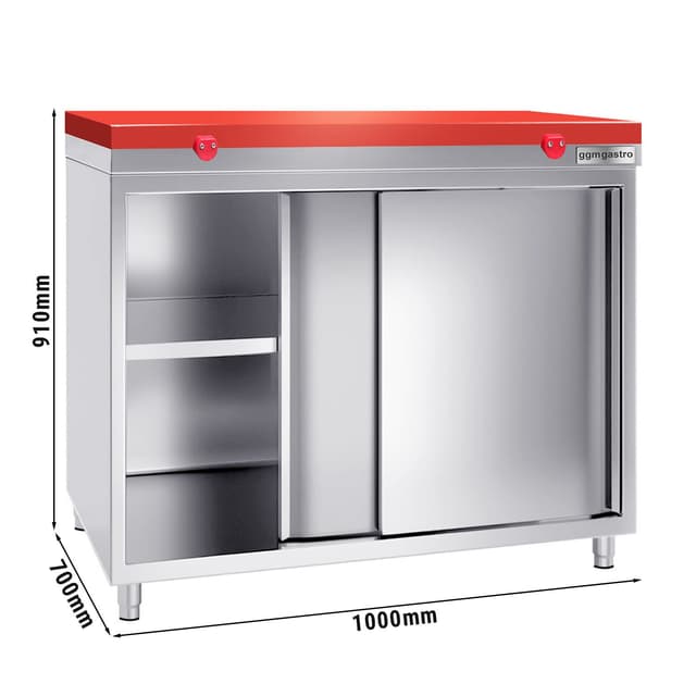 Stainless steel work cabinet PREMIUM - 1000x700mm - with sliding door without backsplash incl. cutting plate