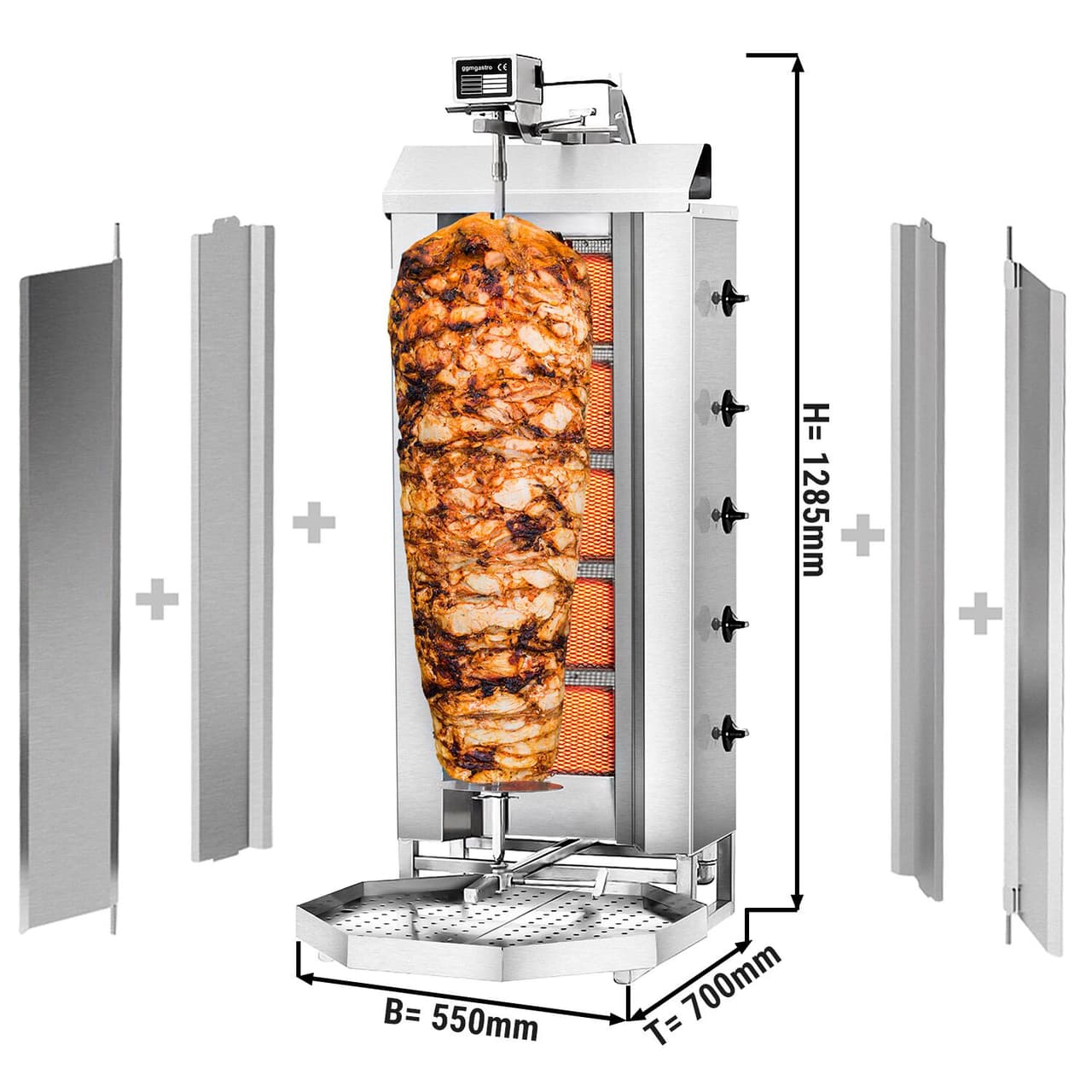 Gril na gyros/kebab - 5 hořáků - max. 80 kg - vč. ochranného plechu a křídlových dvířek