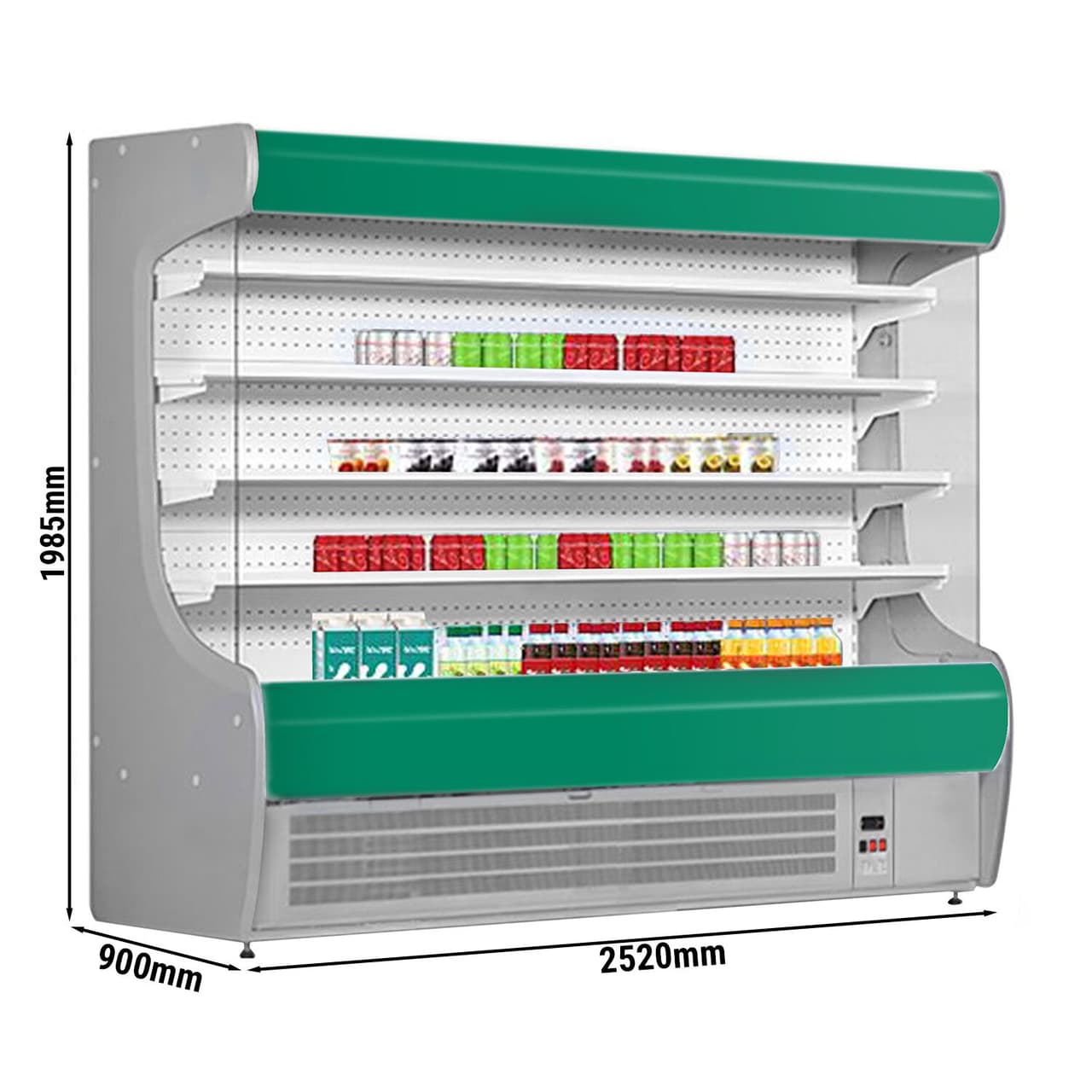 Přístěnný chladicí regál - 2520 mm - s LED osvětlením a 4 policemi - zelený čelní panel