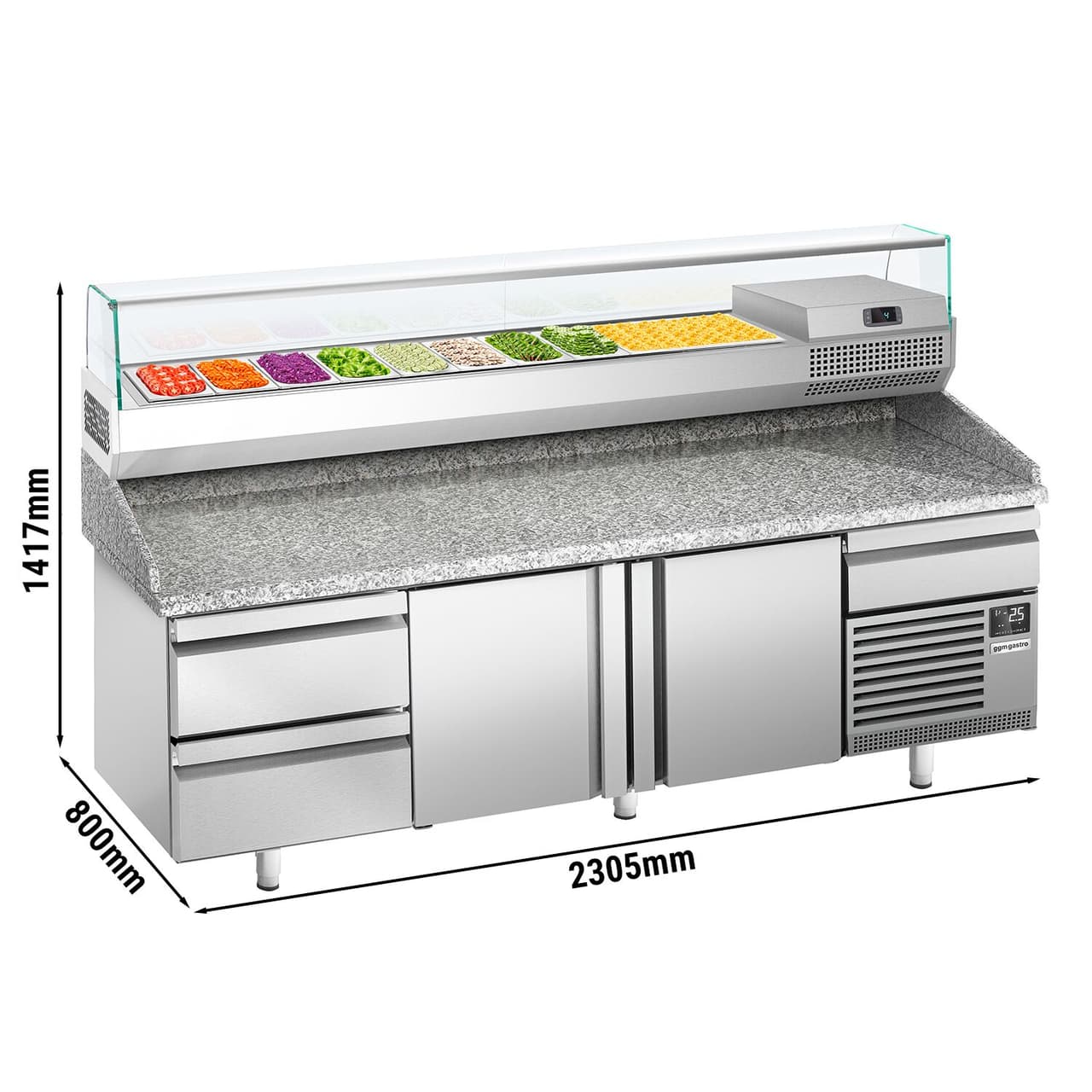 Pizzakühltisch Premium PLUS - 2305x800mm - mit 2 Türen & 2 Schubladen - inkl. Kühlaufsatzvitrine - 10x GN 1/3