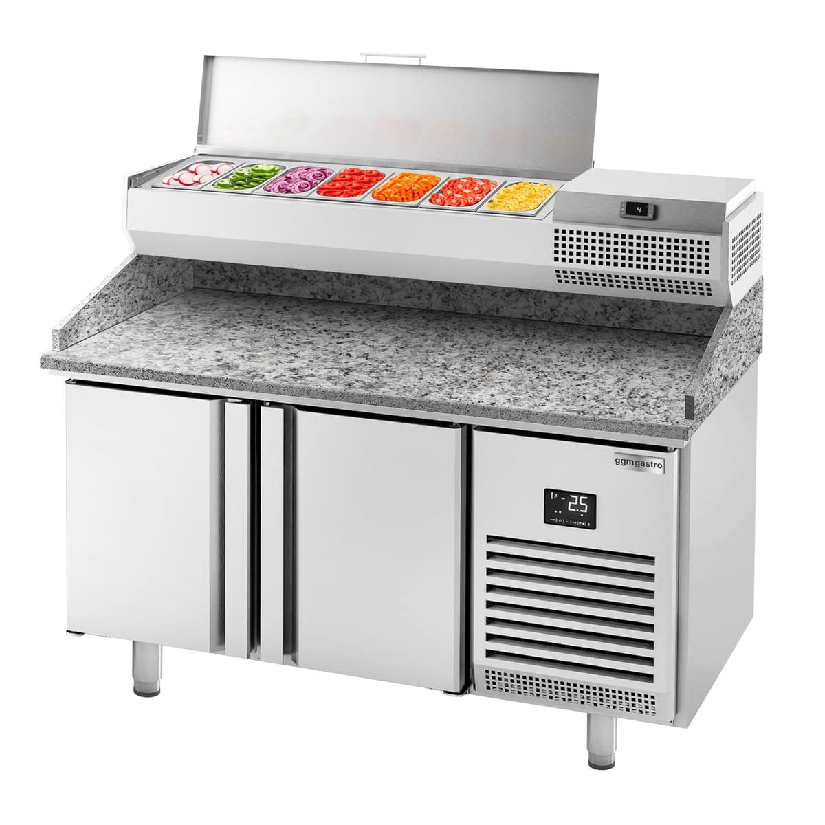 Pizza preparation table Premium PLUS- 1783x800mm - with 2 doors - incl. refrigerated display case - 7x GN 1/4