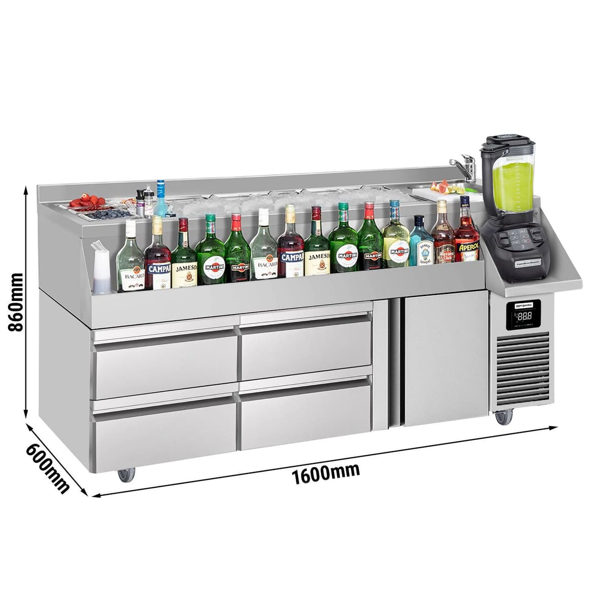 Bar/beverage cooling table - 1600x600mm- 235 Litres- with 1 doors, 4 drawers & shelves