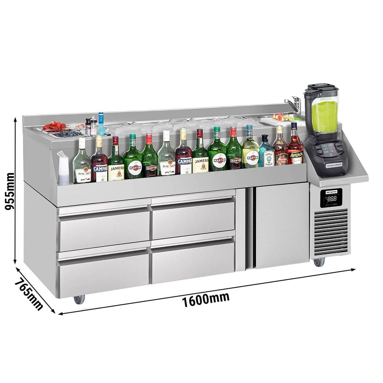 Bar/beverage cooling table - 1600x600mm- 235 Litres- with 1 doors, 4 drawers & shelves