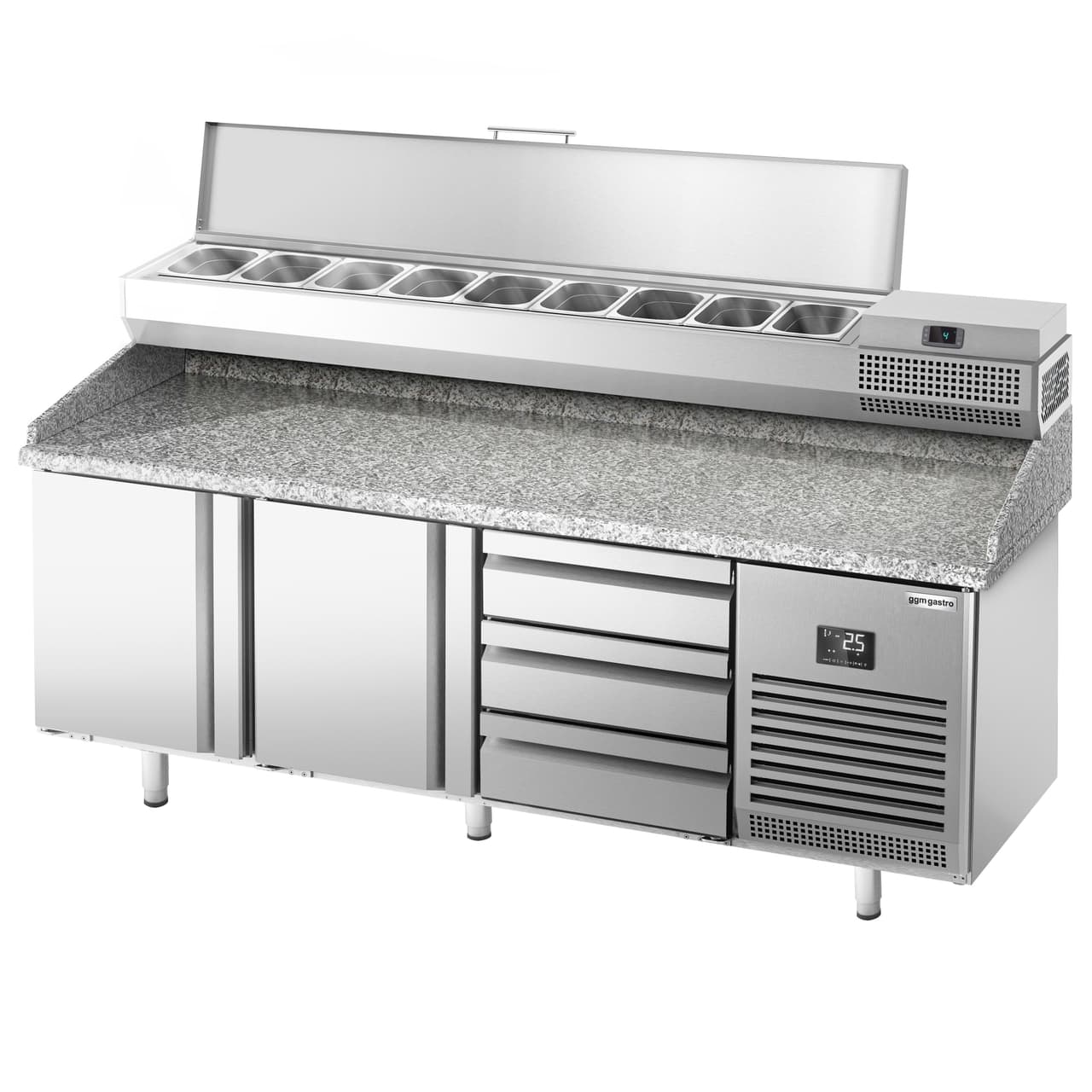 Pizza preparation table Premium PLUS- 1980x700mm - with 2 doors & 3 drawers - incl. refrigerated display case - 9x GN 1/4