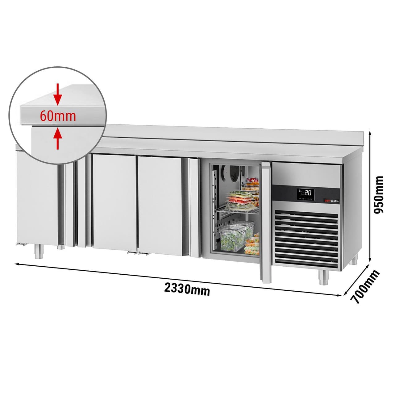 Chladicí stůl PREMIUM - 2330x700 mm - se 4 dveřmi & obkladovým panelem